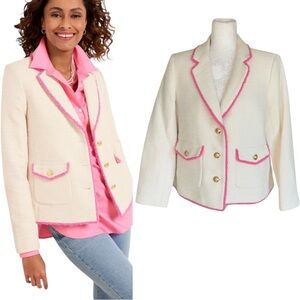 LN Talbots White Tweed Pink Fringe Trimmed Gold Button Blazer - 12 P